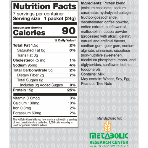 Metabolic Web Store MRC Decaffeinated Cappuccino Drink nutrition label