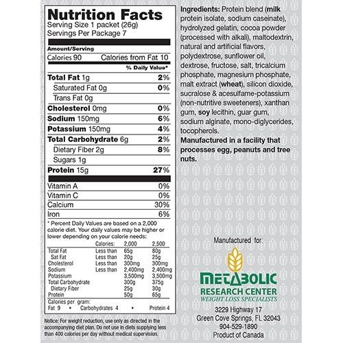 Metabolic Web Store MRC Creamy Hot Chocolate Protein Drink nutrition label