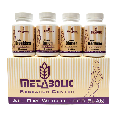 Metabolic Web Store mrc all day weight loss plan four bottles displayed on top of box